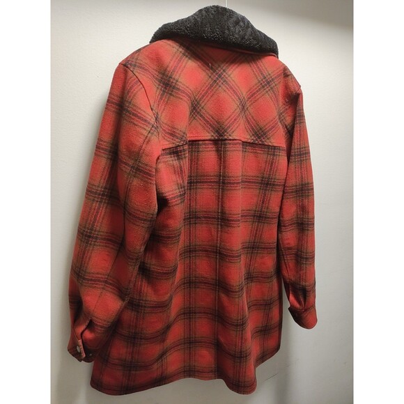 Red Buffalo Check Pendleton Lafayette  Wool  Coat Shearling Collar Womens  L - Picture 14 of 16